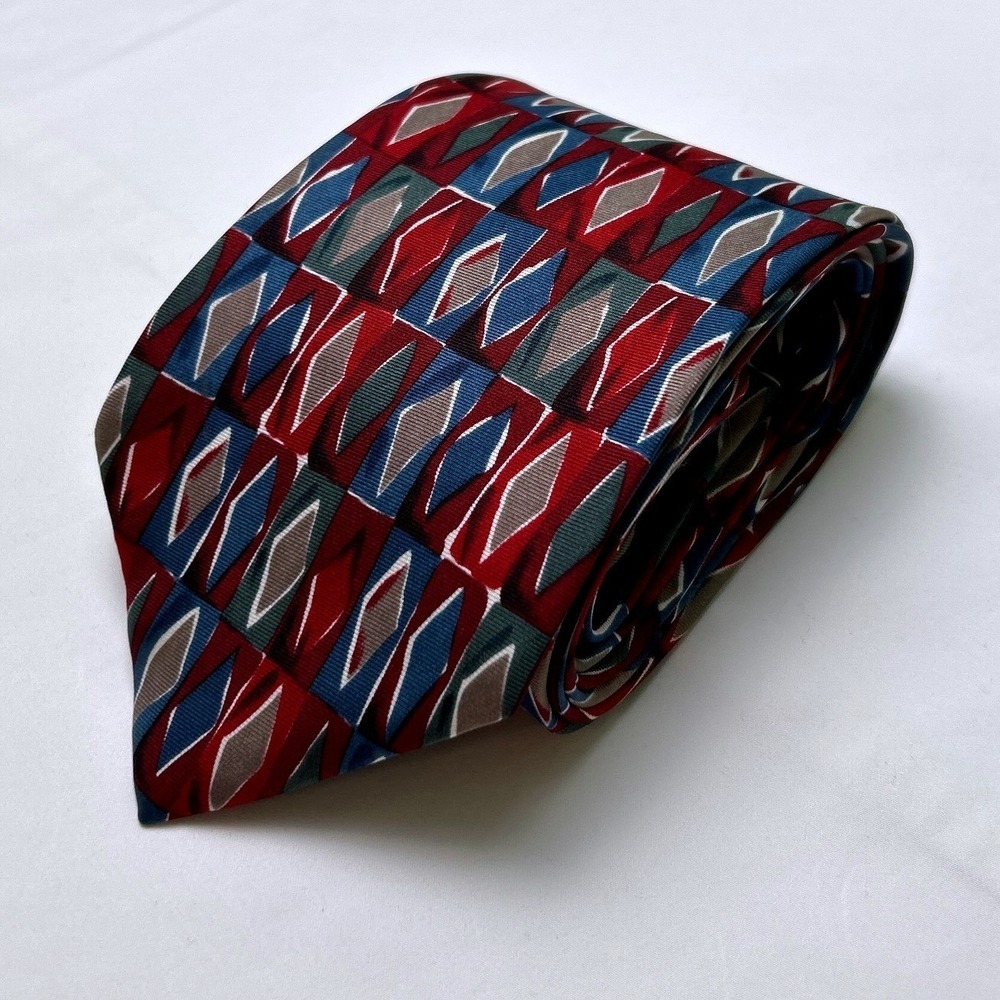 Alexander Lloyd Mens Geometric Diamond Silk Extra Long Necktie XL Red Blue